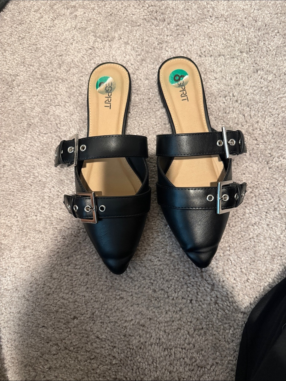 Esprit Black Pointed Double-Buckle Slip-On Mules